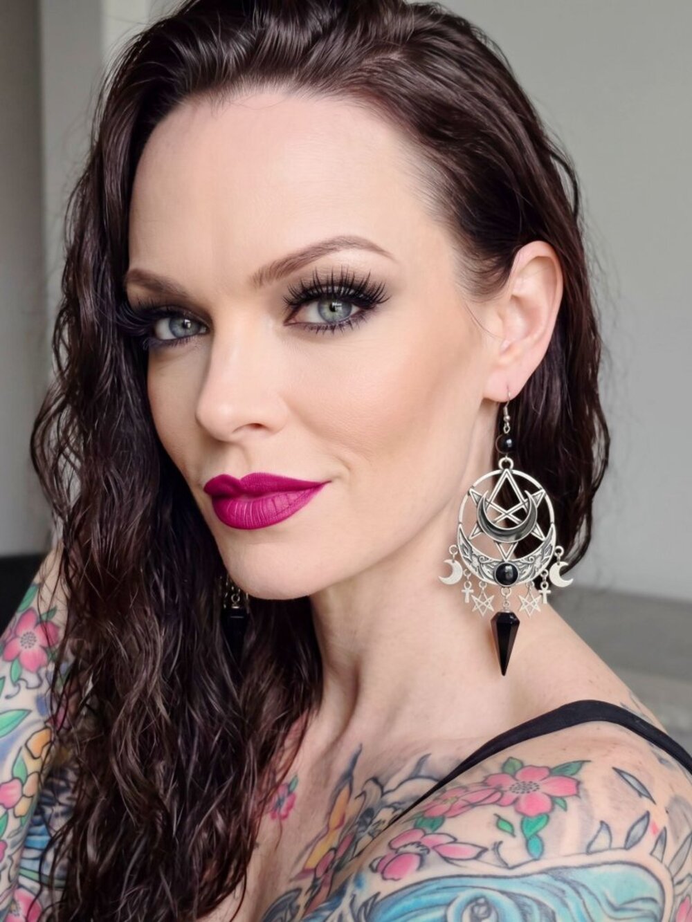Killstar Lucid Earrings Black Gothic Pentagram Crescent Moon Crystal Chandelier